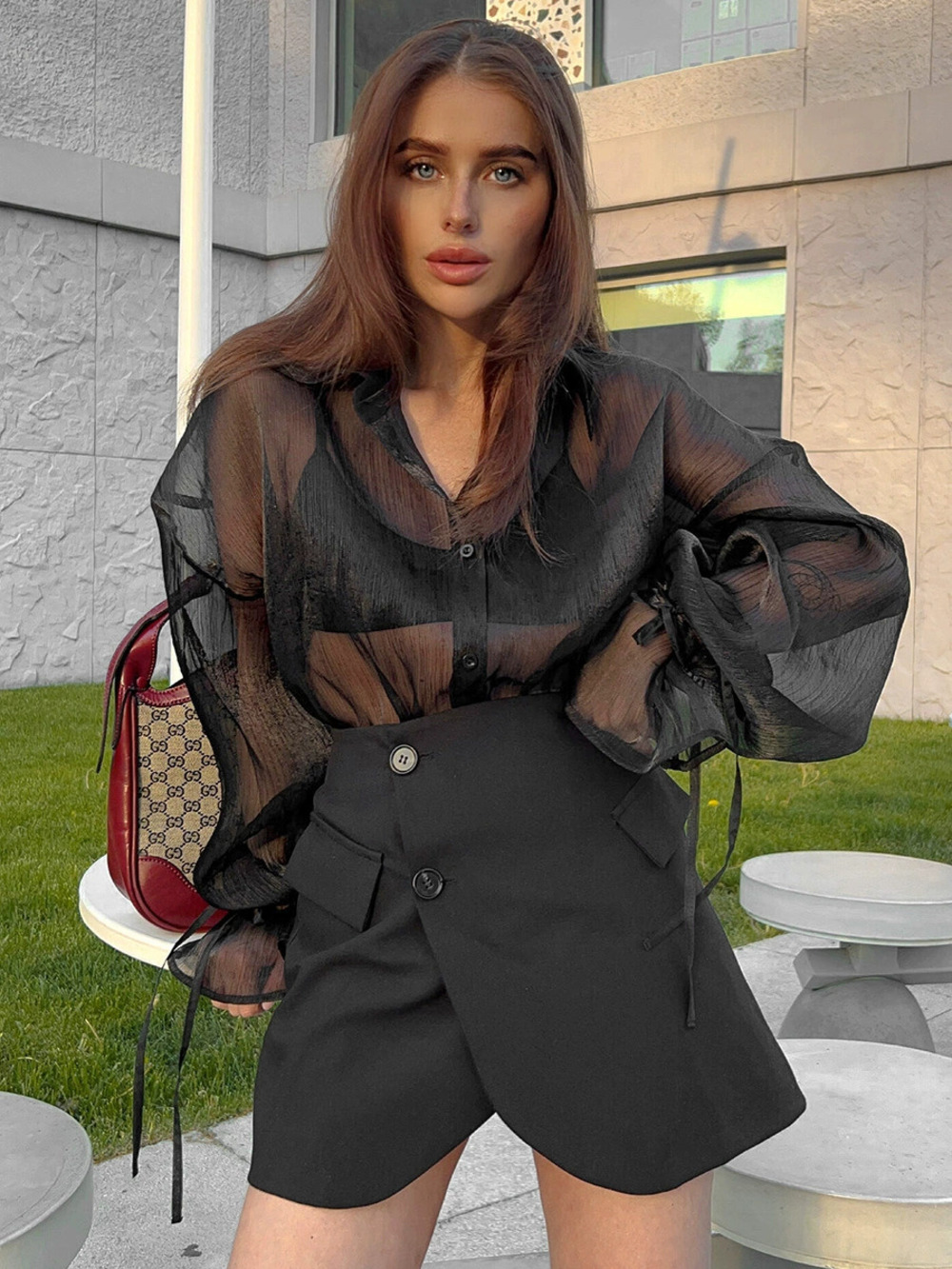 Zara Sheer Collar Puff Sleeve Blouse Office